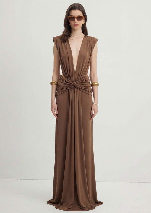 V-Neckline Open Back Maxi Dress With Daped Details