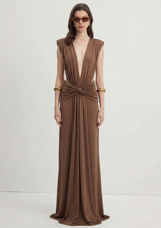 V-Neckline Open Back Maxi Dress With Daped Details