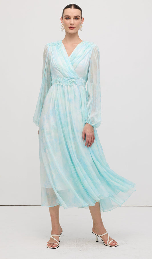 V Neck Ruched Waist Pleated Midi Dress
