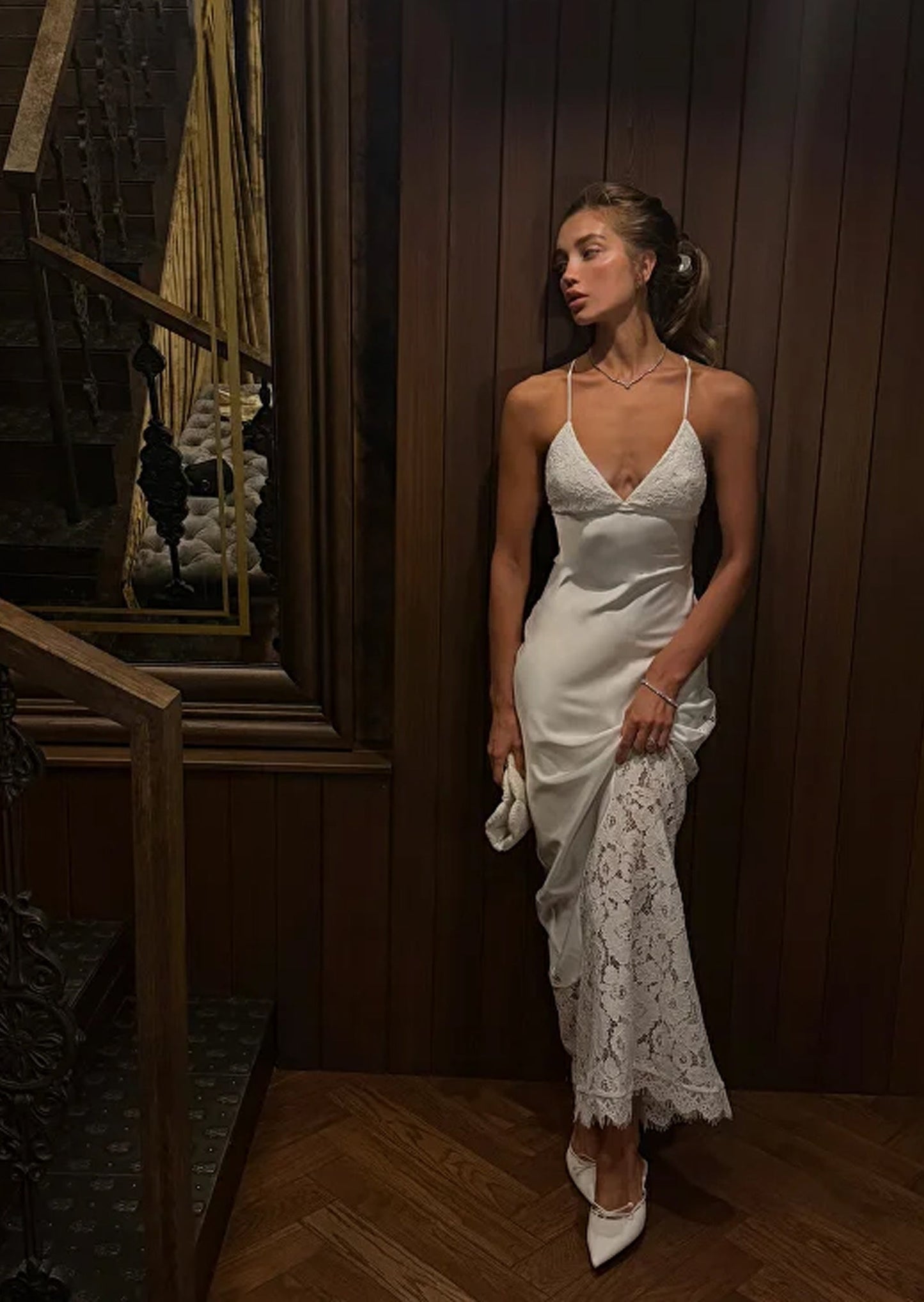V Neck Satin Maxi Dress With Lace In White