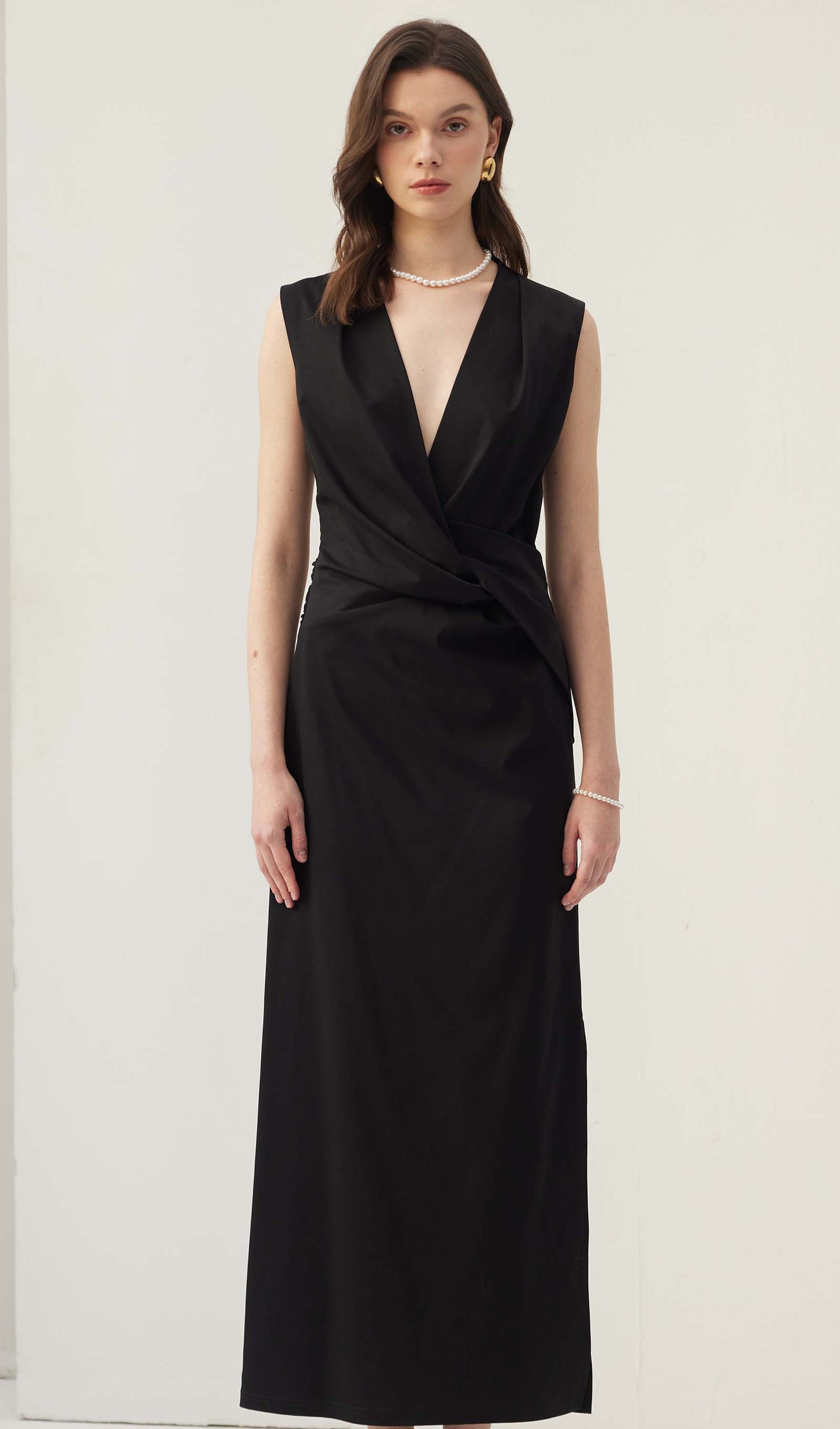 V Neck Crepe Twist Maxi Dress