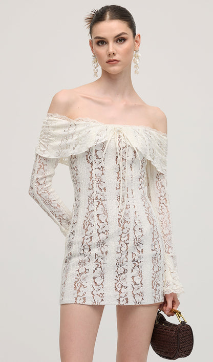 Vintage Floral Lace Off Shoulder Mini Dress
