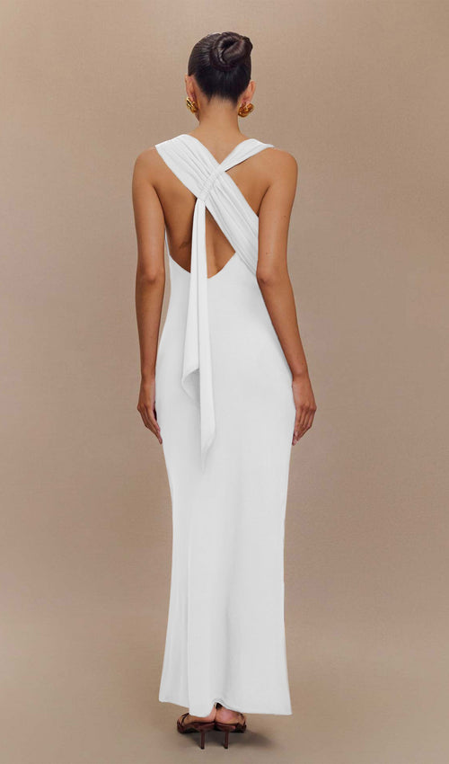 Asymmetrical Scuba Jersey Maxi Dress White