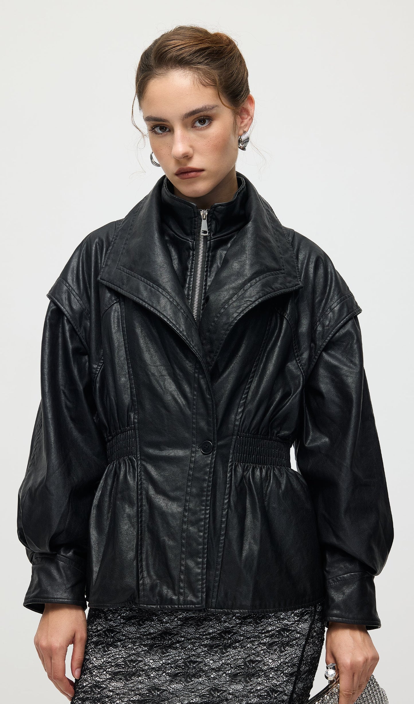 Waisted Lapel Leather Jacket In Black