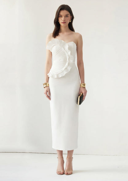 Off Shoulder Ruffled Midi Dress In White