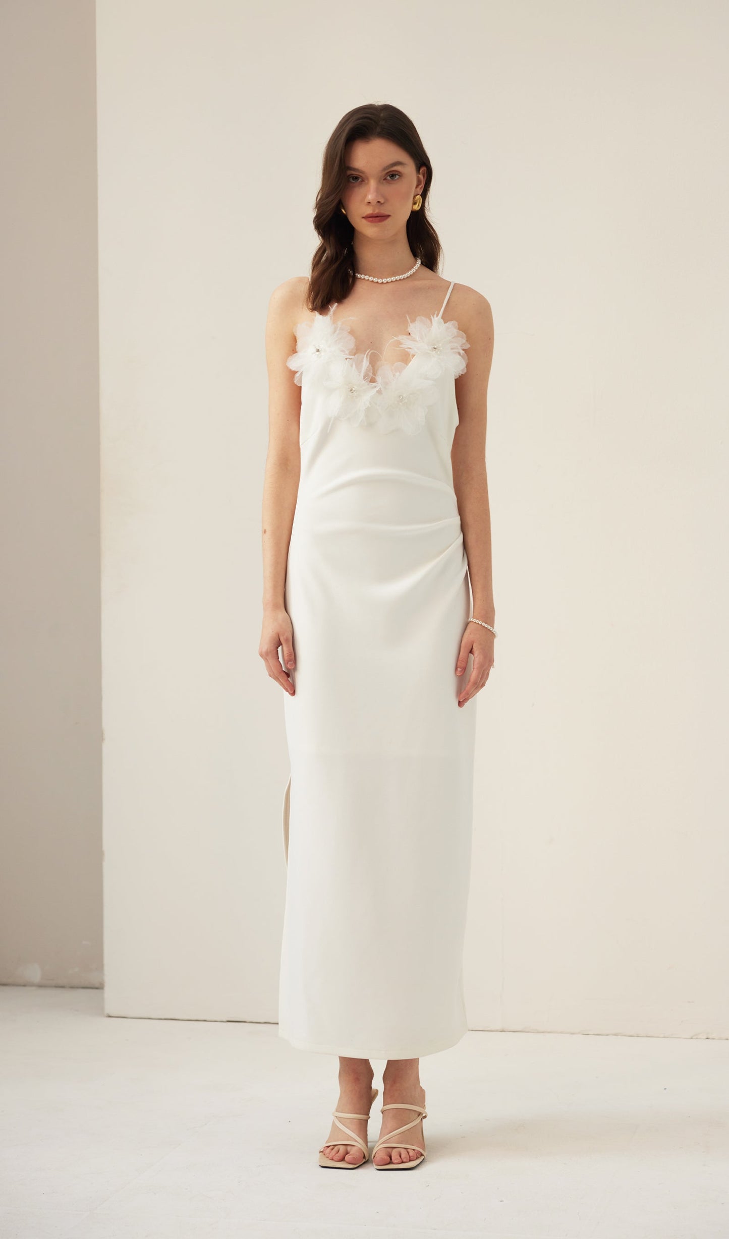 Feather Trim Slip Midi Dress