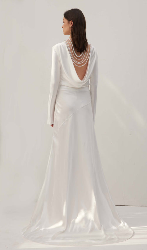 White Satin Long Sleeved Slim Evening Dress