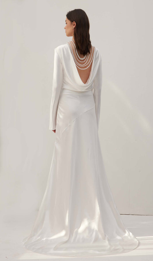White Satin Long Sleeved Slim Evening Dress