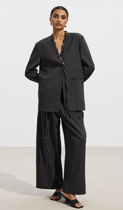 Wooden Button Top & Belted Suit Pants Set