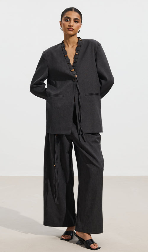 Wooden Button Top & Belted Suit Pants Set