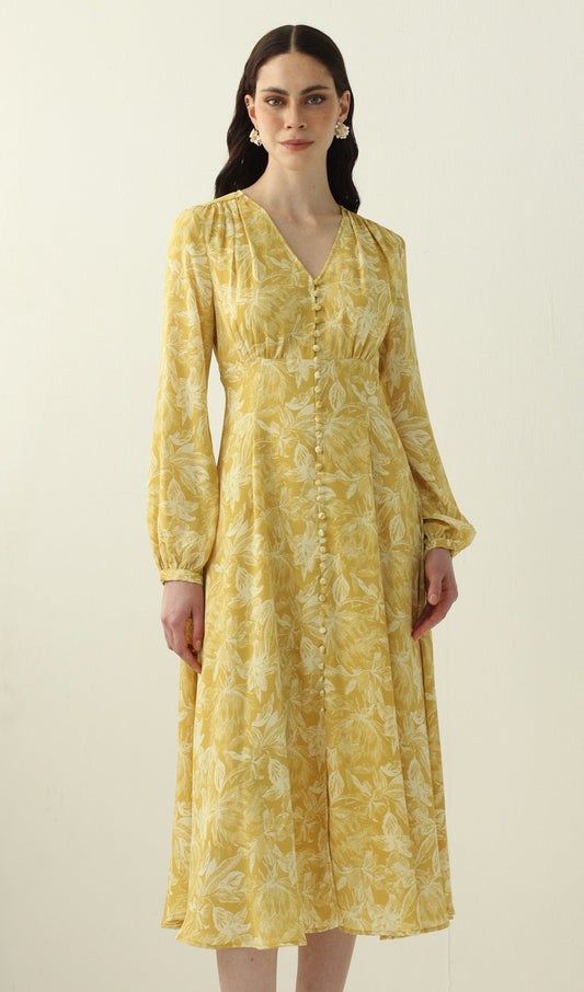 Yellow Floral Printed V Neck Midi Dress