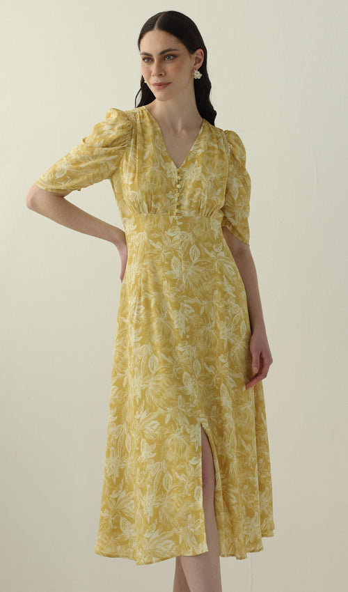 Yellow Printed Short Sleeve Midi Dress
