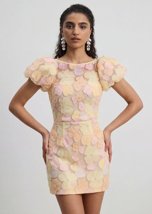 Zaria Floral Puff Sleeve Mini Dress In Yellow