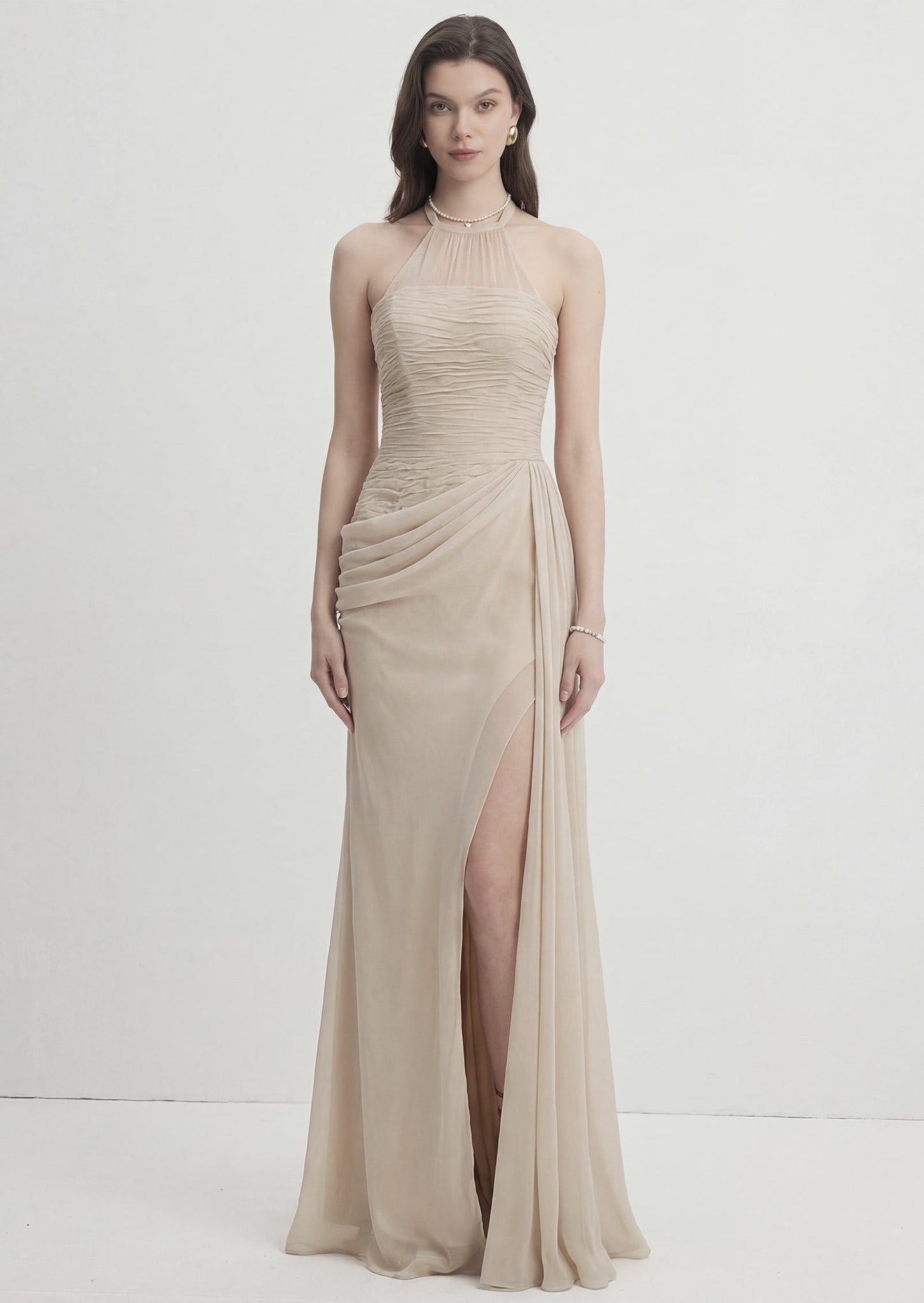 Halter Neck Asymmetrical Ruching Maxi Dress
