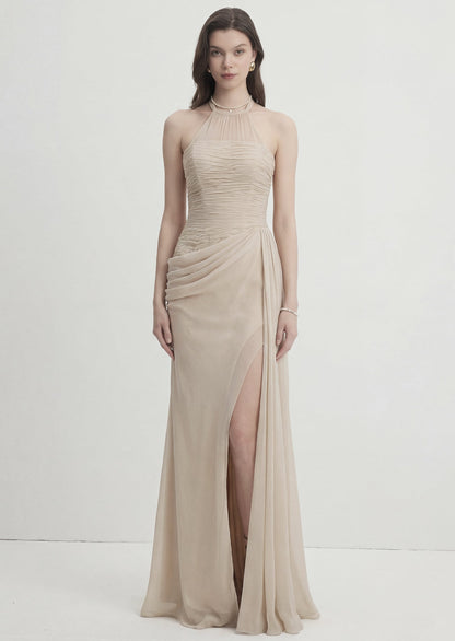 Halter Neck Asymmetrical Ruching Maxi Dress
