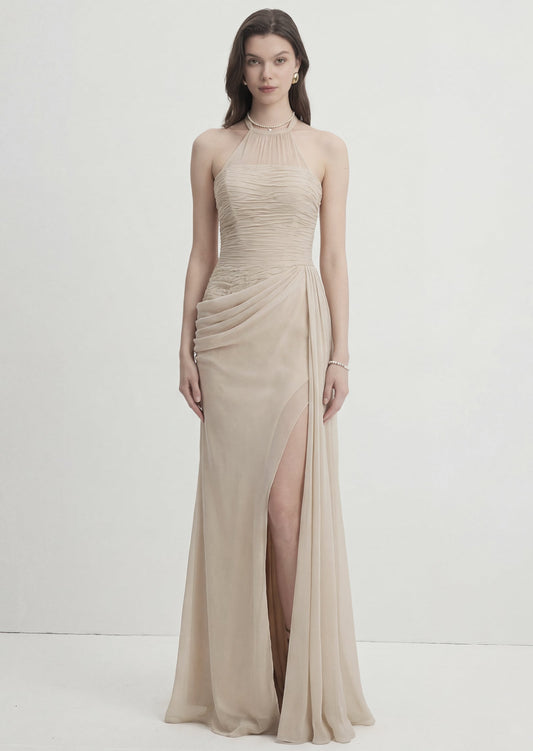 Halter Neck Asymmetrical Ruching Maxi Dress