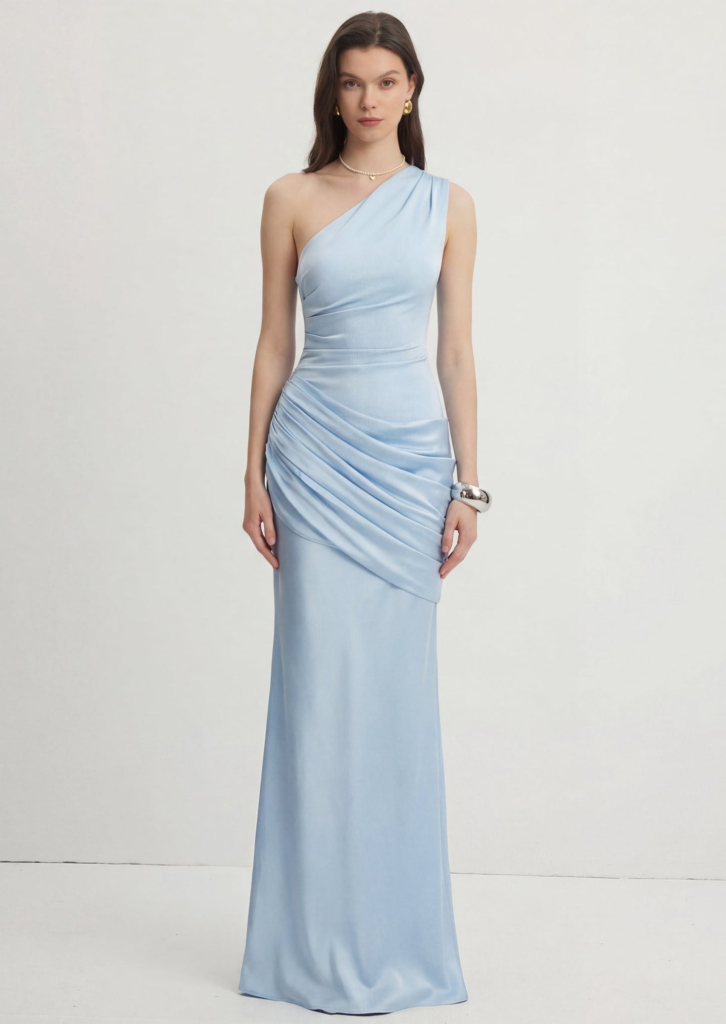 One Shoulder Pleated Maxi Dress In Glacier Blue
