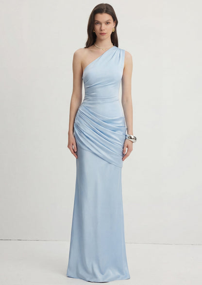 One Shoulder Pleated Maxi Dress In Glacier Blue