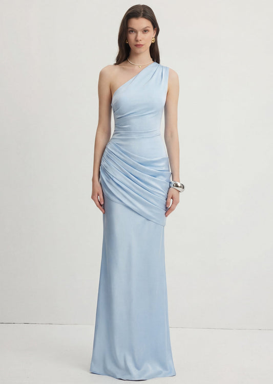 One Shoulder Pleated Maxi Dress In Glacier Blue