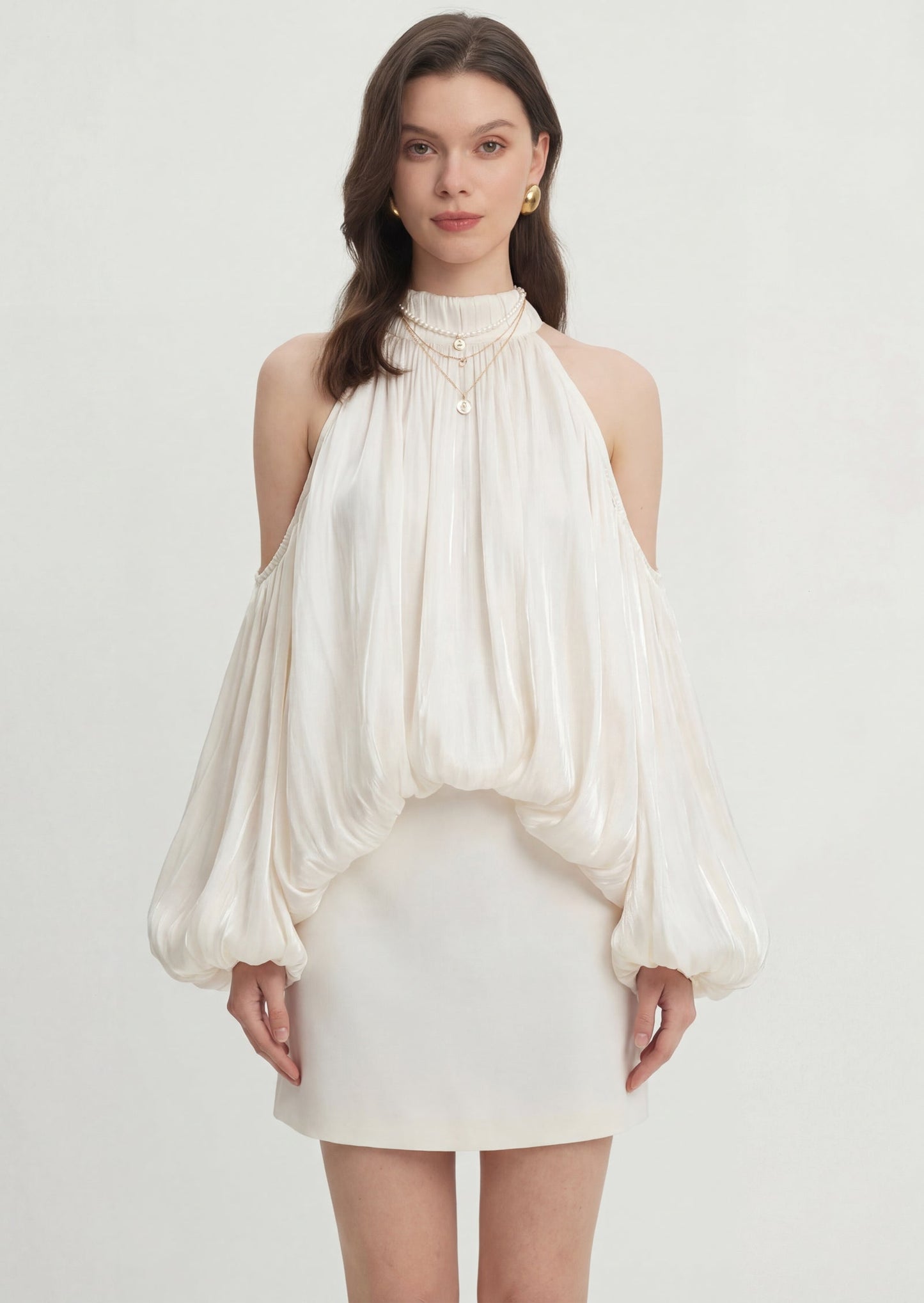 Puff Sleeves Pleated Shirt & Skirt Set
