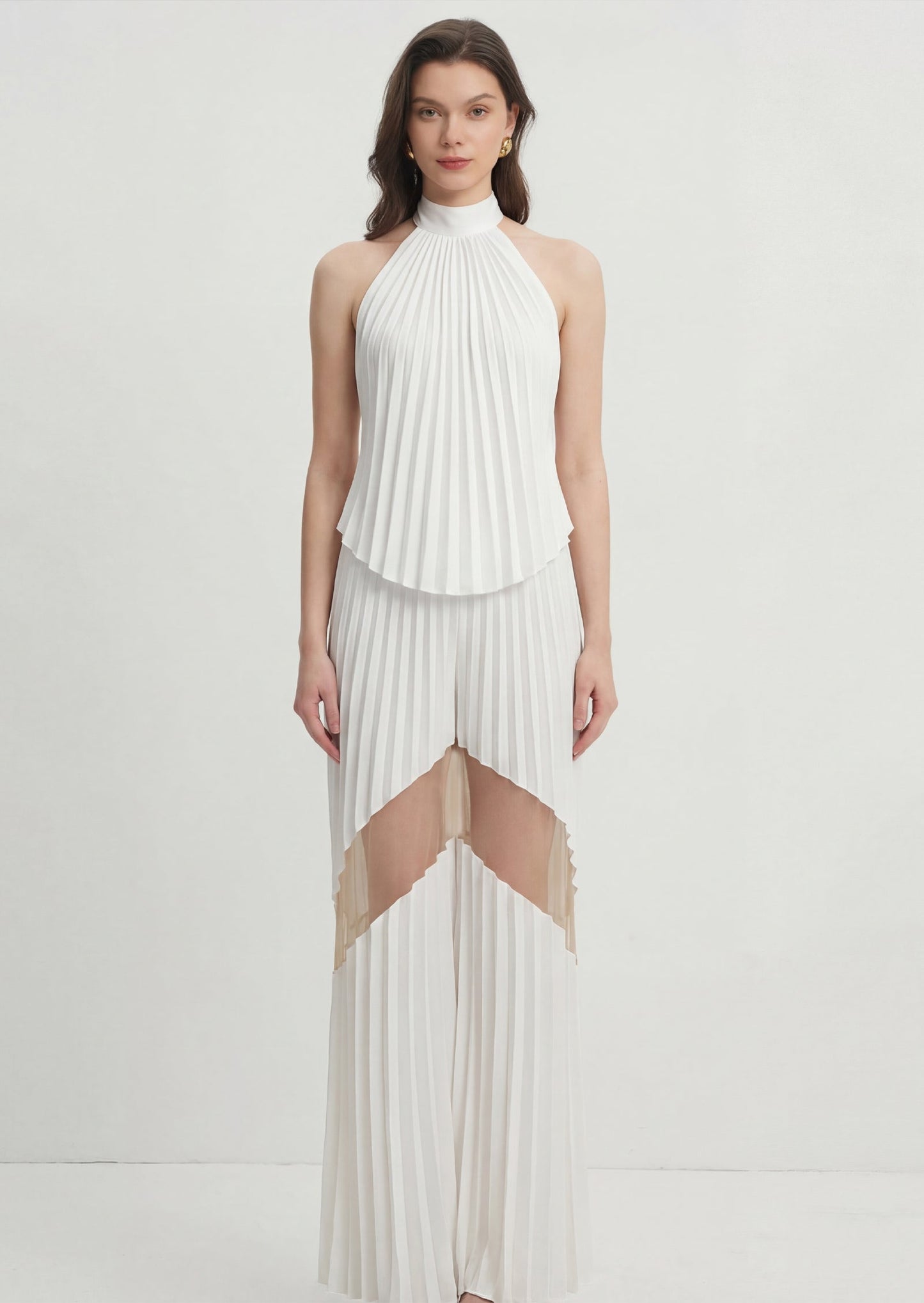 Halter Neck Pleated Top & Pleated Skirt Set