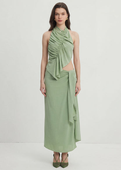 Irregularly Pleated Top & Tie-Up Slit Skirt Set