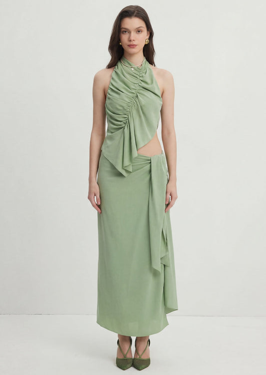 Irregularly Pleated Top & Tie-Up Slit Skirt Set